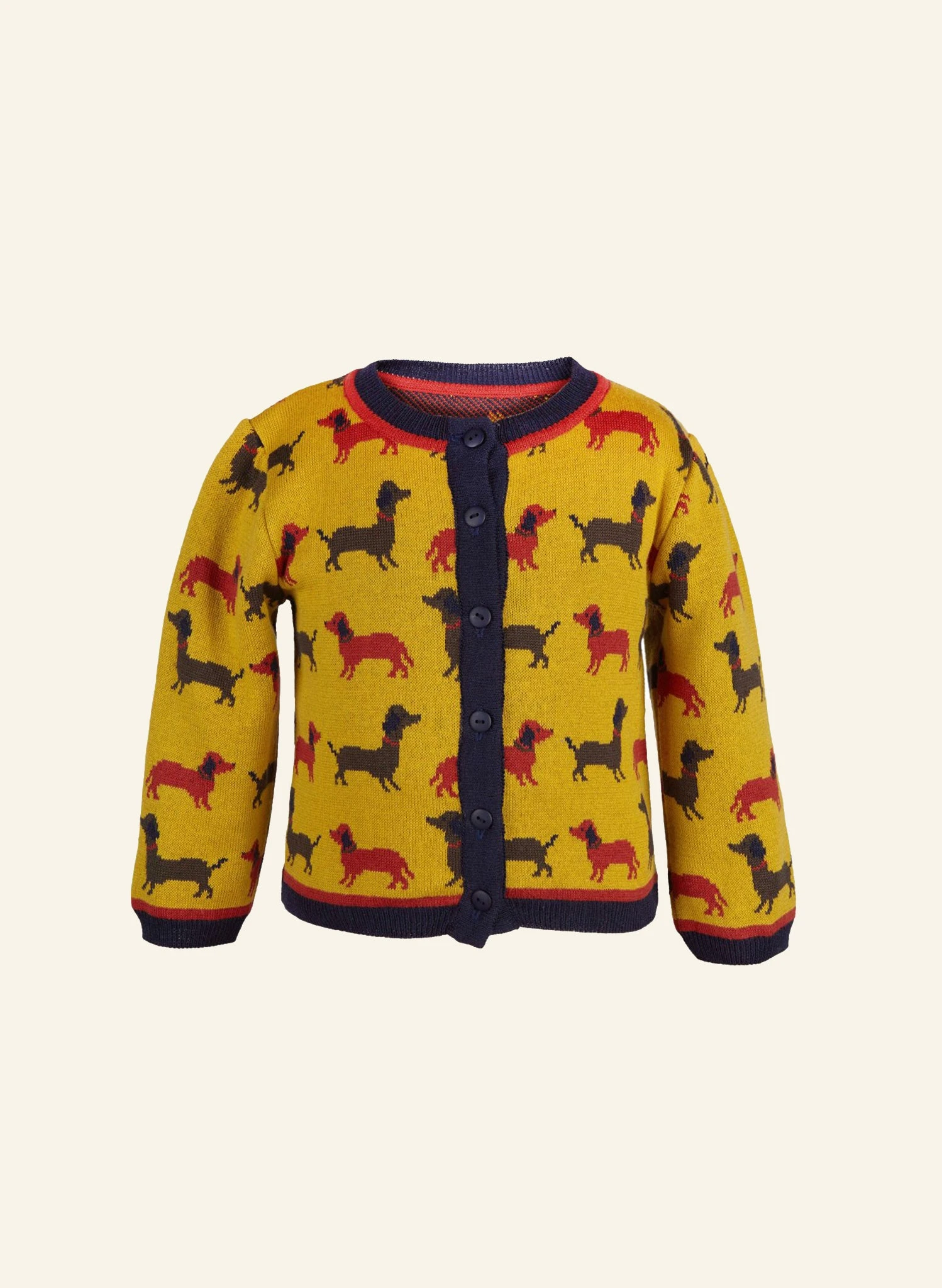 Children's Cardigan - Mustard Sausage Dog 1 Children's Cardigan - Mustard Sausage Dog