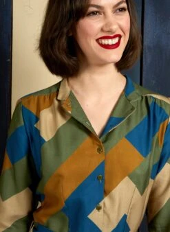 Cynthia Dress - Green Bauhaus -Palava Sale Store Cynthia GreenBauhausPrintArtDecoRetroShirtDressforWomen2