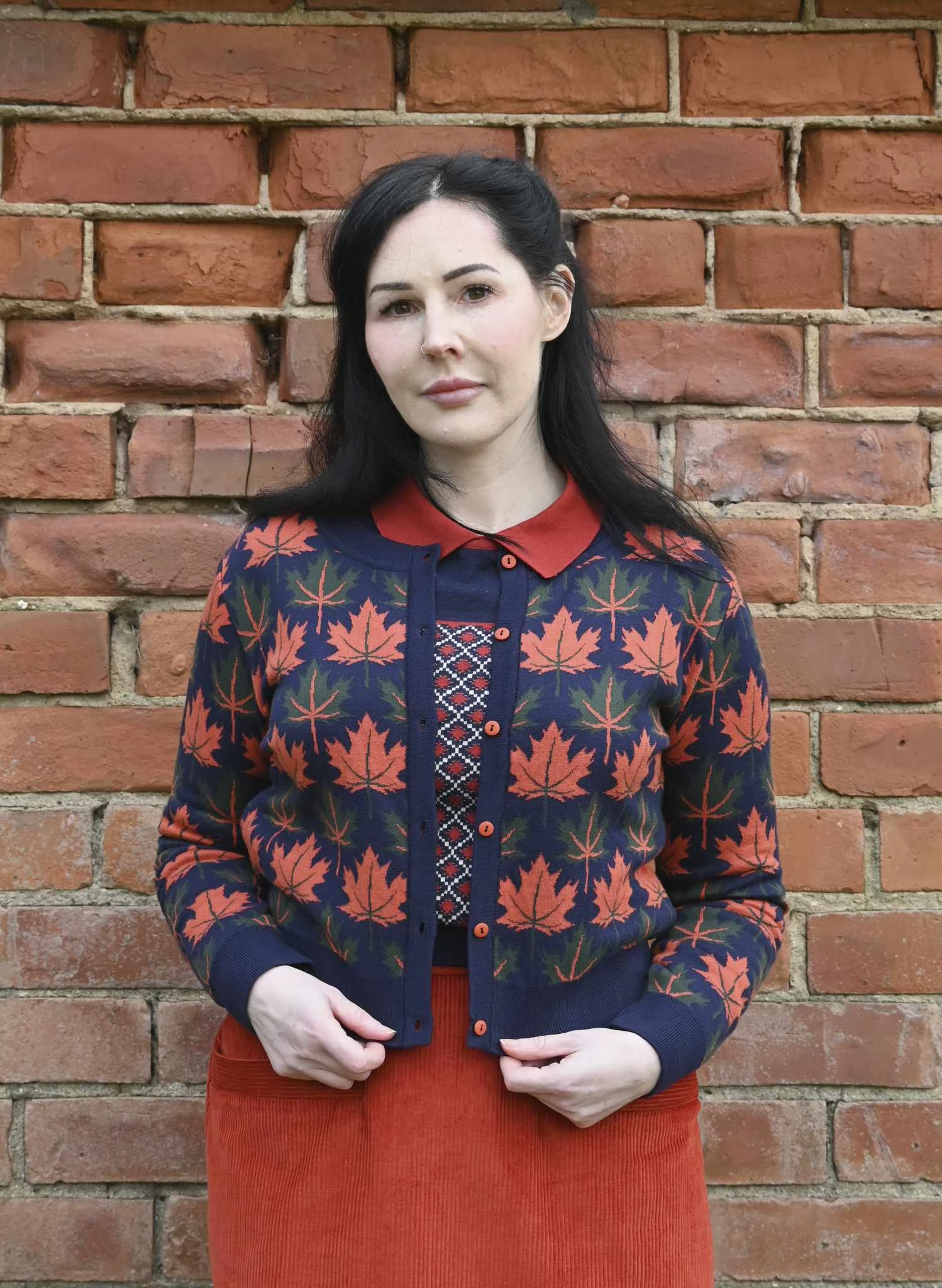 Vera - Navy Autumn Leaves Cardigan 2 Vera - Navy Autumn Leaves Cardigan - Image 2