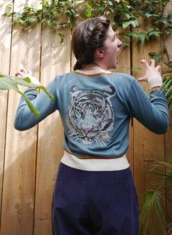 Vera Cardigan - Mineral Blue Arctic Embroidered Tiger -Palava Sale Store Vera mineral tiger image 3