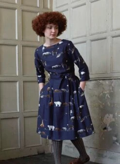 Beatrice Dress - Navy Endangered Animals -Palava Sale Store bea endangered animals navy tencel midi dress 3