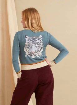 Vera Cardigan - Mineral Blue Arctic Embroidered Tiger -Palava Sale Store vera mineral blue tiger cardigan 3